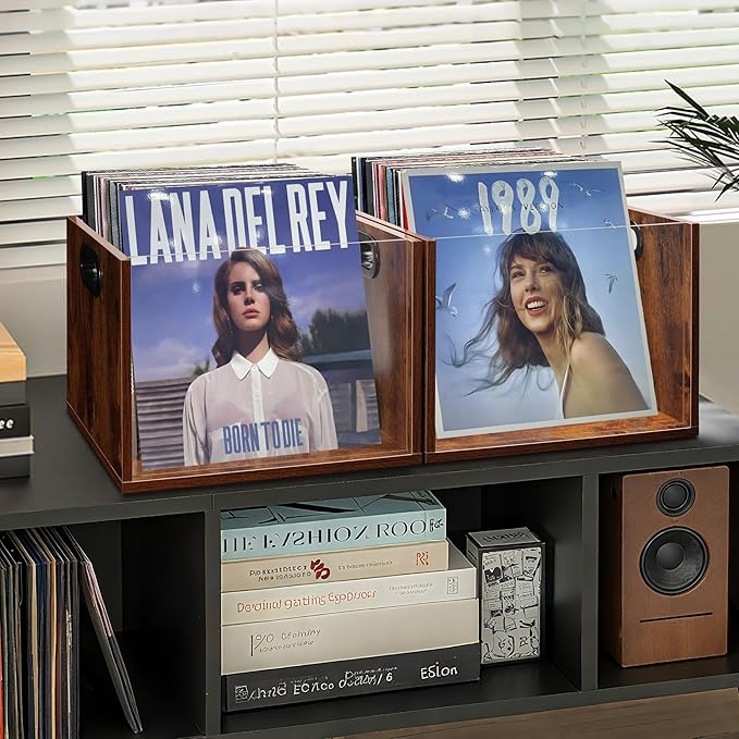 Vinyl Record Storage Crate 2 Pack, Holds up To 60 LPs, Album Visible Storage Box with Acrylic Front, Handle, Wooden Multi-Purpose Organizer for Records, Magazines and Books, Desktop and Home Office