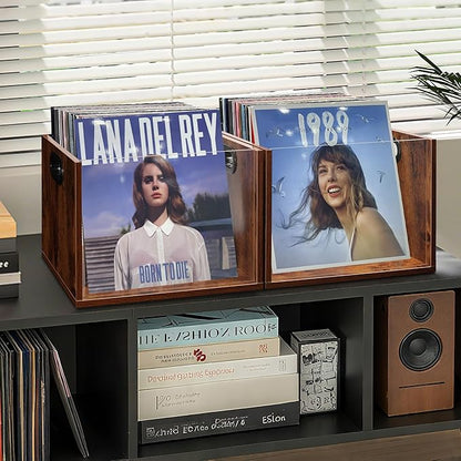 Vinyl Record Storage Crate 2 Pack, Holds up To 60 LPs, Album Visible Storage Box with Acrylic Front, Handle, Wooden Multi-Purpose Organizer for Records, Magazines and Books, Desktop and Home Office