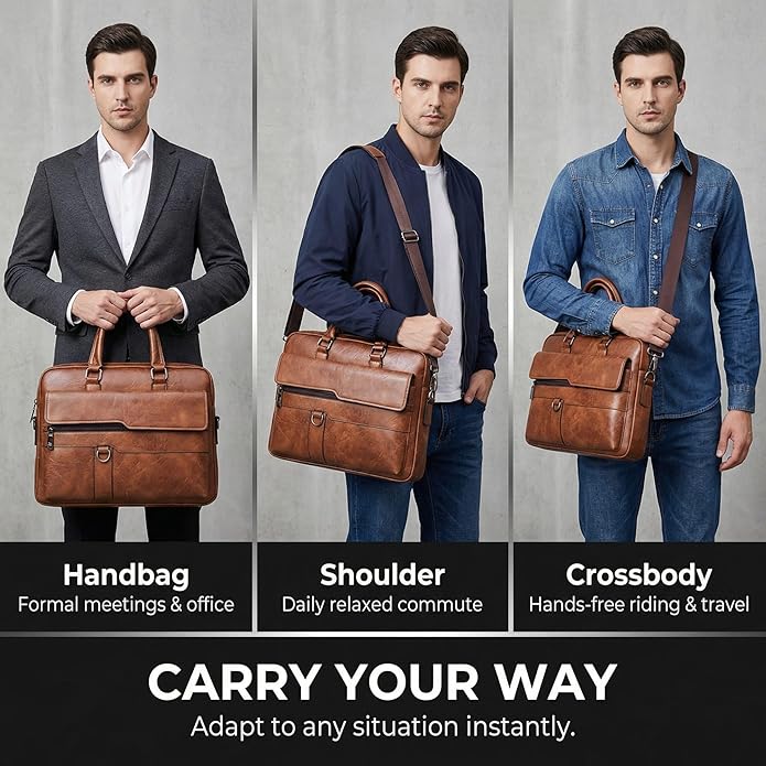 Men's Leather Laptop Bag 15 IN, Water-Resistant Briefcase Messenger Bag for Work, Business, Shoulder Crossbody Office Satchel