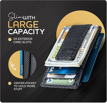Claasico Men’s Leather Money Clip Wallet – Slim Front Pocket Wallet w/Super Strong Magnetic Clip, RFID Blocking, 5 Card Slots & Center Pocket + ID Window