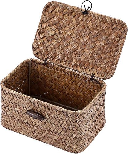 Hipiwe Seagrass Basket Key Holder Box for Entryway Tabletop Desk Organizer with Lid Handwoven Wicker Storage Bin for Hair Ties Candy, 6.1"L x 4.0"W x 3.3"H