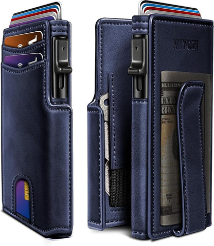miyozi Wallet for Men, Magnetic Minimalist Slim Wallet with Pop Up Card Holder, 9 Cards RFID Blocking Metal Credit Card Case, Leather Wrapped Money Clip, ID Window & Small Item Slot, Gift Boxed