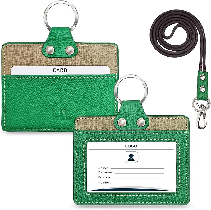 Badge Holder: Boshiho Cowhide Leather ID Badge Card Holder with 19" Neck Lanyard, Horizontal Style (Green-Gray)