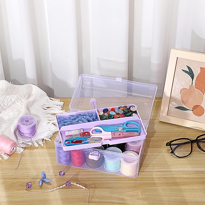 BTSKY Multipurpose Plastic Craft Storage Containers with Removable Tray, Clear Plastic Storage Box with Lid & Handle, Easy Carry & Stack Small Storage Container, 8.5x5x4.9 Inch, Rectangle-Purple