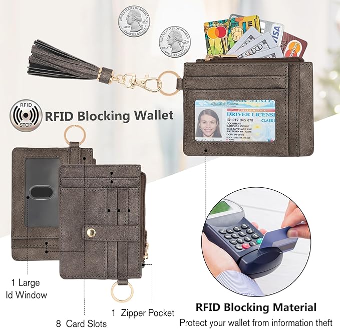 KNGITRYI Wallet Keychain Wristlet for Women,Slim RFID Credit Card Holder Purse Tassel Keychain Bangle Key Ring for Men Women