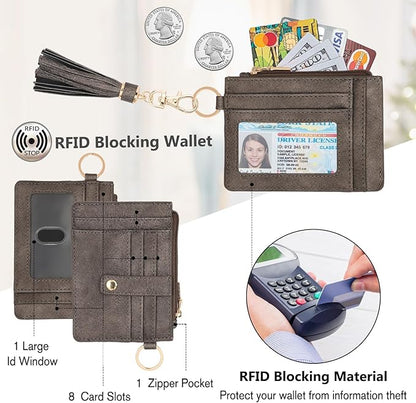 KNGITRYI Wallet Keychain Wristlet for Women,Slim RFID Credit Card Holder Purse Tassel Keychain Bangle Key Ring for Men Women