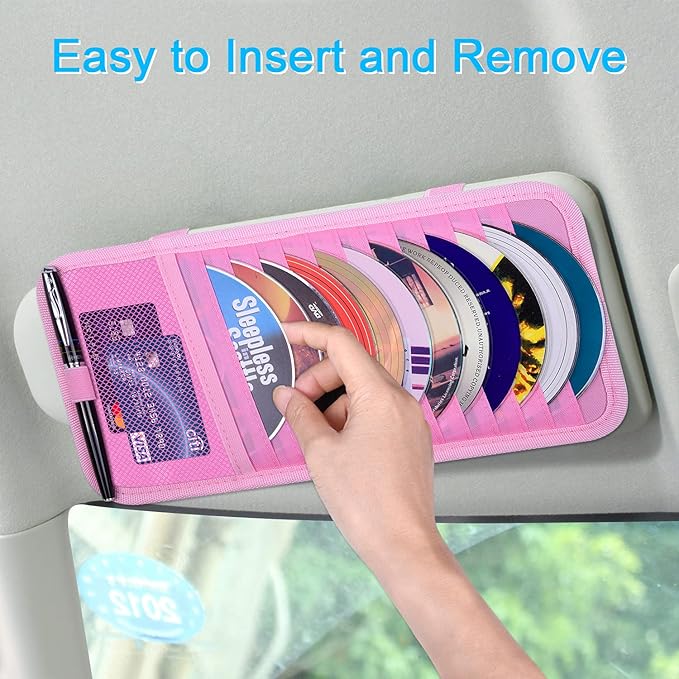 Car CD Case Holder, Wisdompro Vehicle Sun Visor Organizer for Cars with 12 DVD Storage Sleeves, 1 Mesh Pocket, 1 Pen Holder and Elastic Strap, Pink