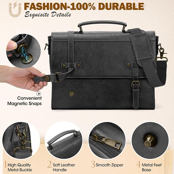 RAINSMORE Mens Messenger Bag 17 Inch Waterproof Vintage Leather Laptop Briefcase Large Laptop Bag Satchel Bag Computer Shoulder Bag for Office Business Travel College,Brown