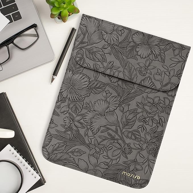 MOSISO Laptop Case 13 inch, 13 inch Laptop Sleeve Compatible with MacBook Air M4 M3 M2 M1 2025-2018 / Pro M2 M1 2025-2016, Embossed Retro Hibiscus PU Leather Case with Small Bag, Gray