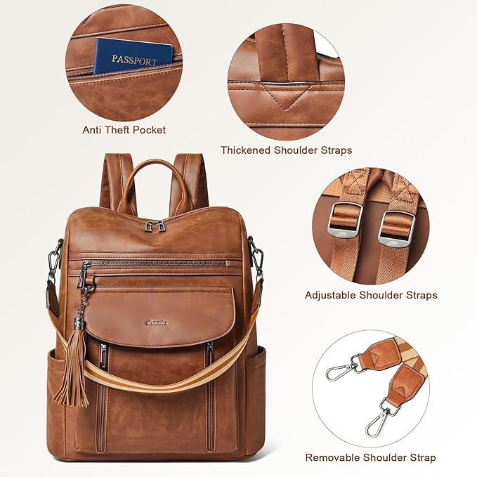 Shrrie Laptop Backpack for Women 15.6 inch,Travel Leather Backpack Purse Nurse Teacher Carry on Backpack Computer Bag,Professional Water-Resistant College Business Work Casual Daypack,Brown