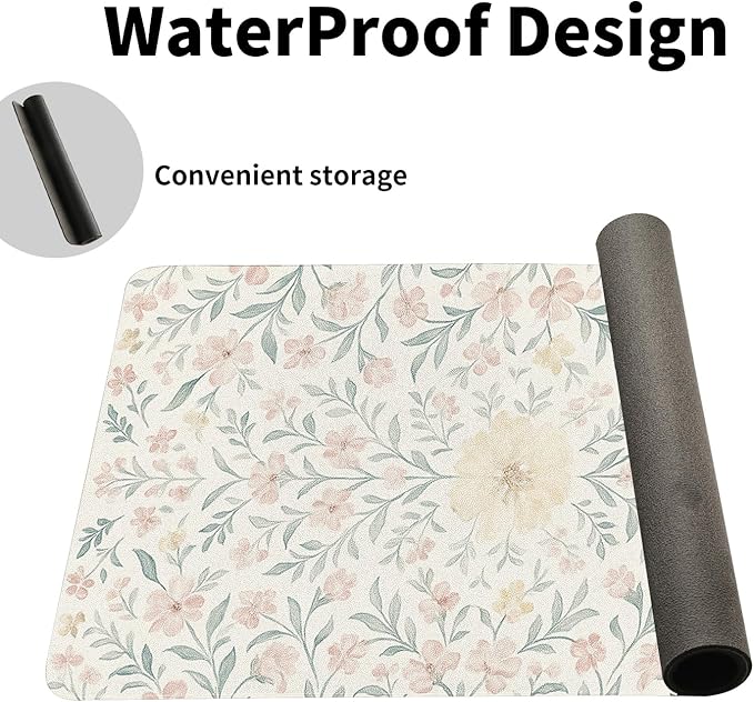 Soft Aesthetic Pastel Floral Desk Mat, Gentle PU Leather Desk Pad - Large Non-Slip Office Mat for a Calm & Stylish Gaming & Home Workspace (23.6x11.8 Inch)