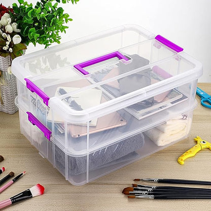 BTSKY 2 Layer Stack & Carry Box, Plastic Multipurpose Portable Storage Container Box Handled Organizer Storage Box for Organizing Stationery, Sewing, Art Craft, Jewelry and Beauty Supplies(Purple)