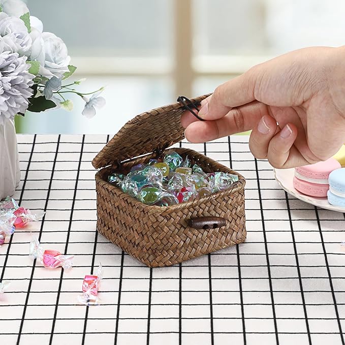 Hipiwe Mini Seagrass Basket Wicker Shelf Baskets with Lid Small Decorative Box Natural Storage Basket for Organizing Key Candy, Home Decor, 3.5"L x 3.5"W x 2"H