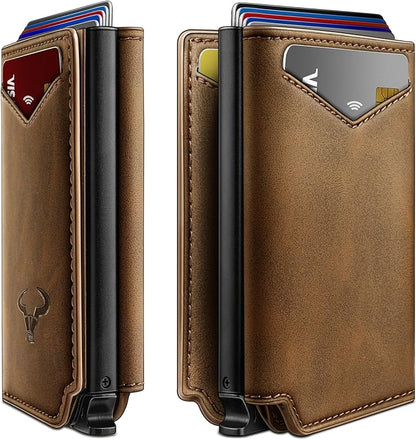 BULLIANT Men Wallet Leather Wallet Card Holders Money Clip for Men 10Cards-Magnetic Flip on Metal Case