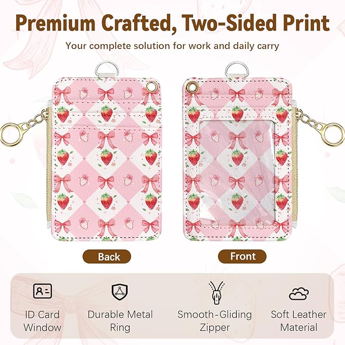 Leather Cute Badge Holder with Zipper Pocket, Pink Strawberry Bow Lanyards and 1 Zip Pocket and 4 Card Slots, Breakaway Lanyards with Metal Clasp for Offices, Staff, Adult, Employees