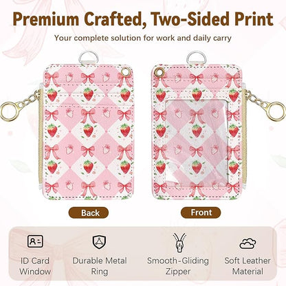 Leather Cute Badge Holder with Zipper Pocket, Pink Strawberry Bow Lanyards and 1 Zip Pocket and 4 Card Slots, Breakaway Lanyards with Metal Clasp for Offices, Staff, Adult, Employees