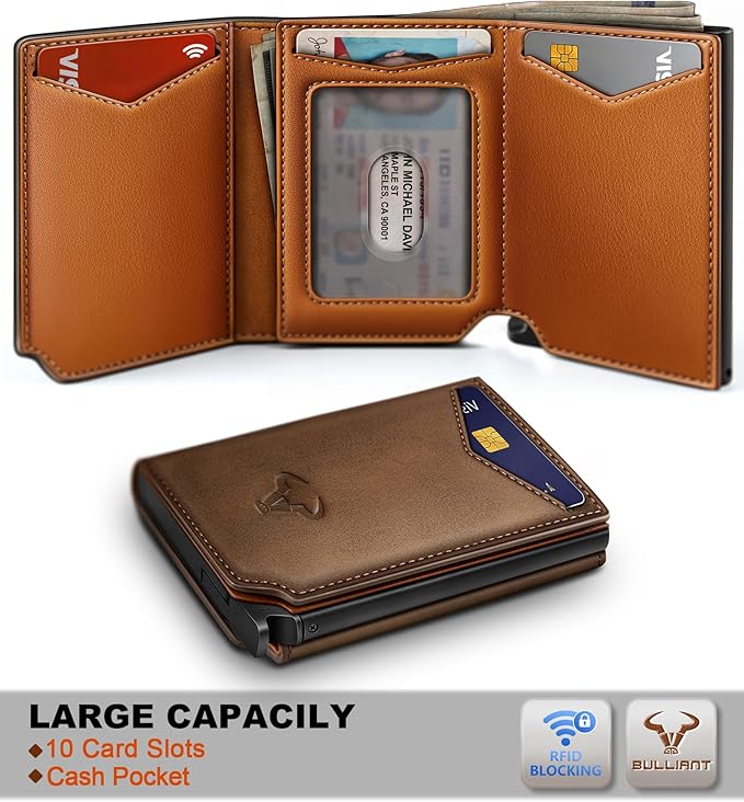BULLIANT Men Wallet Leather Wallet Card Holders Money Clip for Men 10Cards-Magnetic Flip on Metal Case