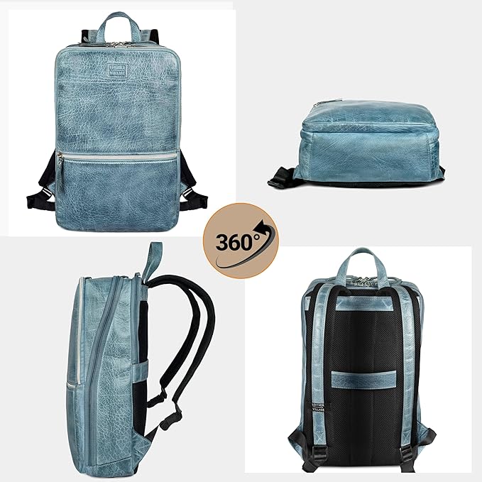 LEATHER VILLAGE Leather Laptop Backpack for Men | Teal Blue | Slim Professional Business Bag Fits 15.6”-Laptop | Water-Repellent Work & Travel Daypack with Trolley Strap