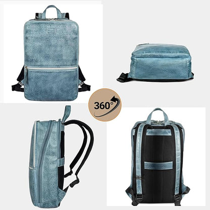LEATHER VILLAGE Leather Laptop Backpack for Men | Teal Blue | Slim Professional Business Bag Fits 15.6”-Laptop | Water-Repellent Work & Travel Daypack with Trolley Strap