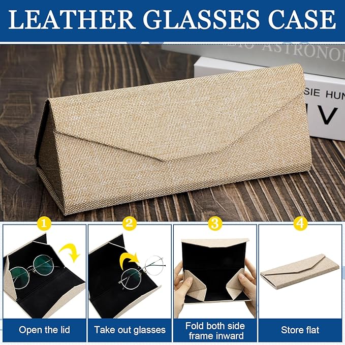 Flutesan 4 Pack Foldable Glasses Sunglasses Case PU Hard Shell Collapsible Eyeglasses Leather Case 4 Cleaning Cloths