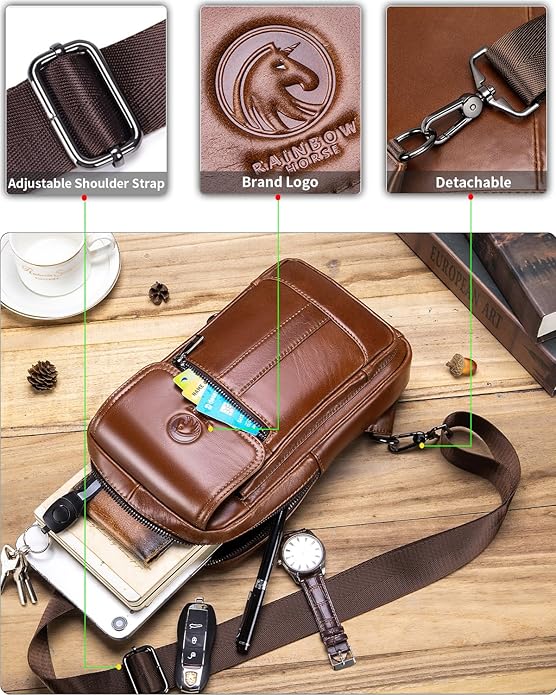 RAINBOW HORSE Brown Leather Chest Bag - Men's Genuine Leather Shoulder Pouch with Dual Front Pockets, Stylish Crossbody Sling for Travel & Work