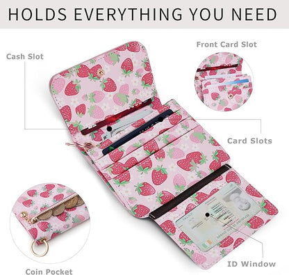 Women Small Wallet RFID Blocking Slim Wallet with Coin Pocket Tri-Fold Credit Card Holder with ID Window and Keychain (Strawberry)