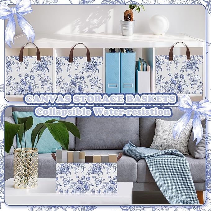Boao 3 Pcs Blue Floral Storage Bin Wildflowers Collapsible Large Storage Baskets for Gifts Canvas Laundry Basket Foldable Box with Handle for Office Home Bedroom Clothes