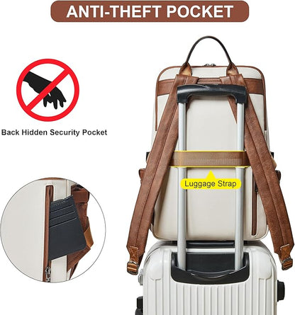 Shrrie Vegan Leather Laptop Backpack for Women,17 Inch Computer Backpack Purse for Work Business College Travel Teacher Nurse with Anti-theft Pocket & Giant Tumbler Holder Pocket,Beige with Brown