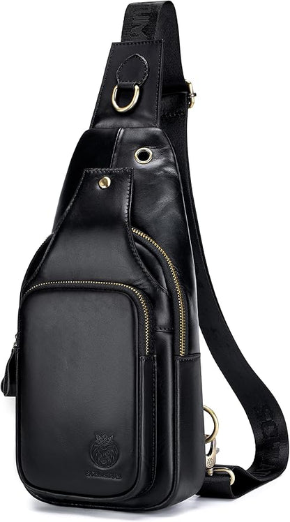 Mens Sling Bag Genuine Leather Crossbody Bags for Men Small Sling Chest Backpack Casual Man Bag Hiking Outdoor, Black