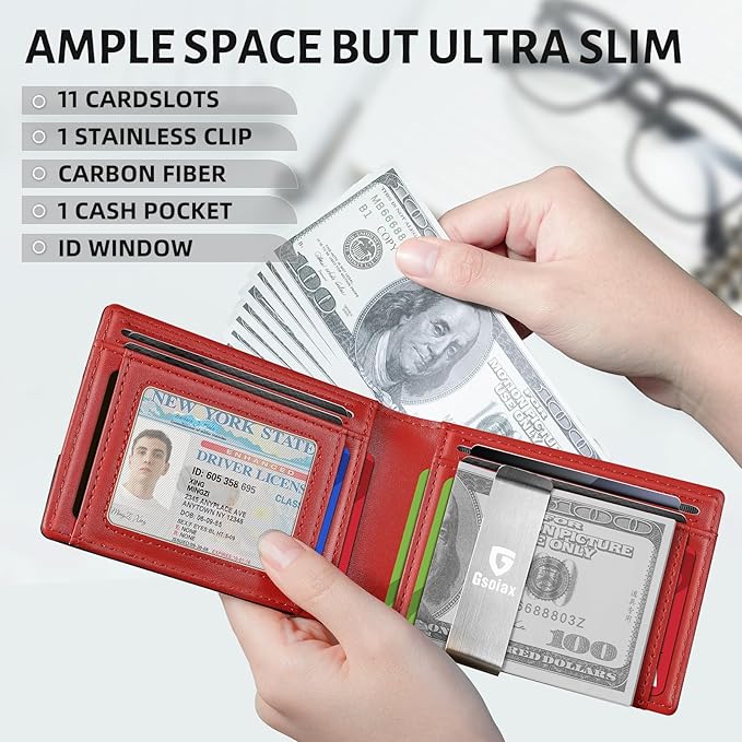 GSOIAX Men's Slim RFID Blocking Leather Wallet with Money Clip | Minimalist Carbon Fiber Bifold Credit Card Holder | 11 Card Slots | Gift Box Included(Leather red)