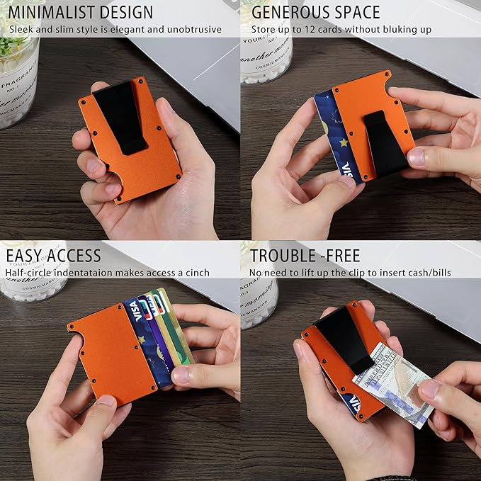 Minimalist Slim Wallet for Men,RFID Blocking Metal Wallet,Aluminum Credit Card Holder & Money Clip 12-15 Cards,Slim Rfid Front Pocket Mens Wallet,Matte Orange