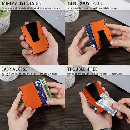 Minimalist Slim Wallet for Men,RFID Blocking Metal Wallet,Aluminum Credit Card Holder & Money Clip 12-15 Cards,Slim Rfid Front Pocket Mens Wallet,Matte Orange