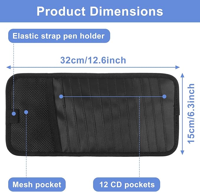 Car CD Case Holder Car Visor CD Holder DVD Vehicle Visor Storage Orangizer Large Capacity Sun Visors Organizer for CDs Visors Case with 12 DVD Storage Sleeves Mesh Pocket Pen Holders and Elastic Strap