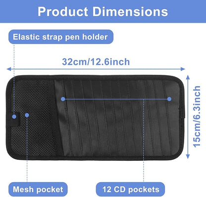 Car CD Case Holder Car Visor CD Holder DVD Vehicle Visor Storage Orangizer Large Capacity Sun Visors Organizer for CDs Visors Case with 12 DVD Storage Sleeves Mesh Pocket Pen Holders and Elastic Strap