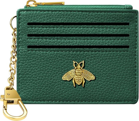 SEAVILIA Card Holder Keychain Wallet for Women with ID Window RFID Blocking Coin Purse Bee Gifts Slim Minimalist Small PU Leather