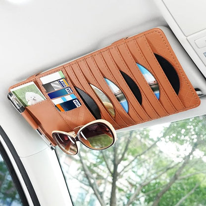 alpmosn Sun Visor CD Case Holder for Car - Multi-Function Visor Organizer with CD/DVD Storage, Eyeglass Clip, Card Slots & Pen Holder, Durable Leather Car Accessories (Orange)