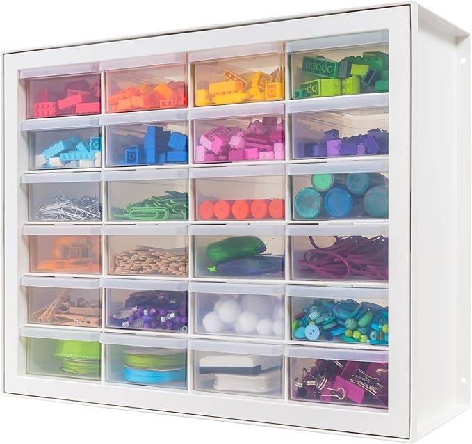 IRIS USA Plastic Storage Drawers, Made in USA, 24-Drawer Small Parts Organizer Cabinet, Stackable Teacher Toolbox for Crafts, Beads, Hardware, Screws, Nuts & Bolts, Scrapbook Supplies – White