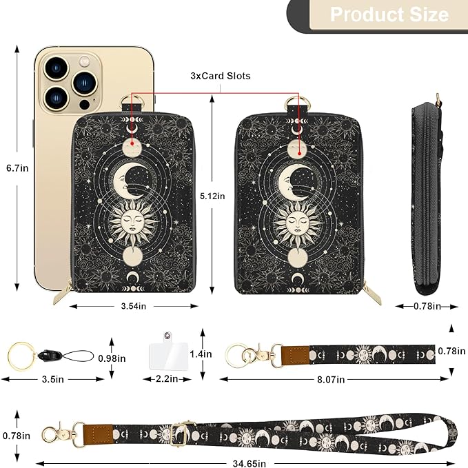 PU Leather Lanyard Wallet with ID Badge Holder with 1 Zip Pocket and 3 Card Slots Keychain Phone Lanyard Wrist Strap, RFID Blocking, for Office School Business-Sun and Moon