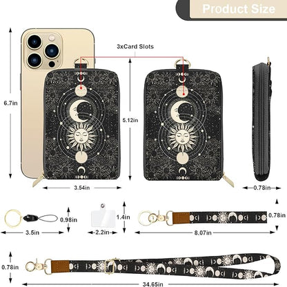 PU Leather Lanyard Wallet with ID Badge Holder with 1 Zip Pocket and 3 Card Slots Keychain Phone Lanyard Wrist Strap, RFID Blocking, for Office School Business-Sun and Moon