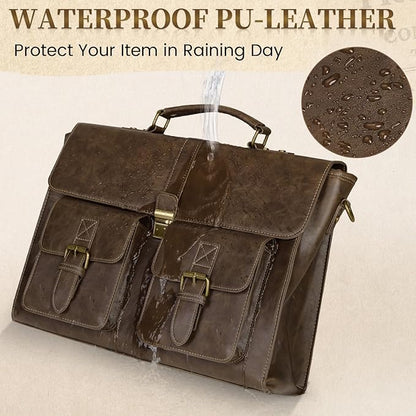 RAINSMORE Mens Messenger Bag 15.6 Inch Leather Vintage Laptop Briefcase Waterproof Computer Laptop Bag Leather Satchel Bag Large Shoulder Bag for Office Work Travel College, DarkBrown
