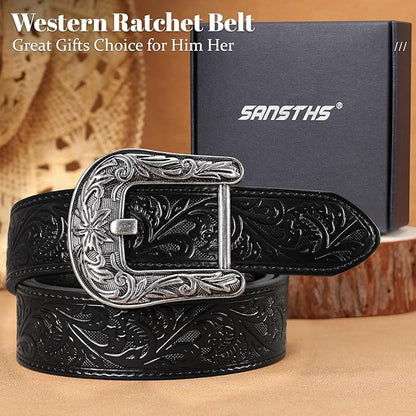 SANSTHS Western Cowboy Ratchet Belts for Men Women Leather Cowboy Belt with Automatic Western Buckle for Jeans Gifts