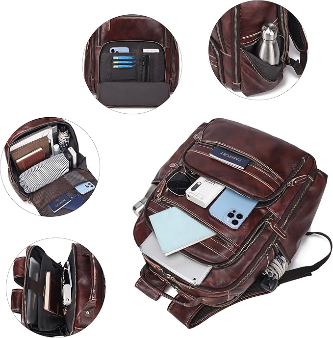 LANNSYNE Vintage Full Grain Leather Backpack For Men, 17.3'' Laptop Bag Causal Rucksack Shoulder Bag Overnight For Business/Hiking/Travel