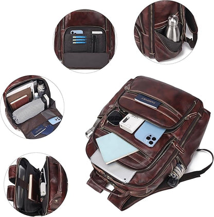 LANNSYNE Vintage Full Grain Leather Backpack For Men, 17.3'' Laptop Bag Causal Rucksack Shoulder Bag Overnight For Business/Hiking/Travel