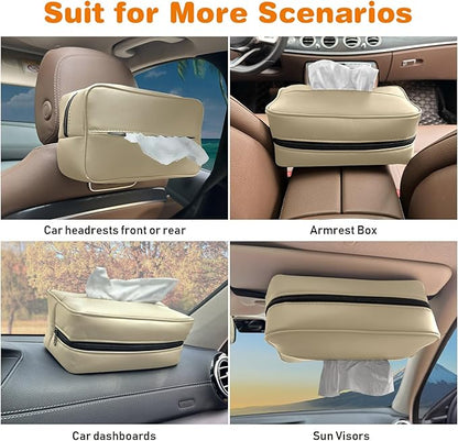 Witaxima Large Car Tissue Holder for 120 Standard Tissues, Premium PU Leather Tissue Holder in Car Backseat Rectangular, Napkin Holder for Car Fits for Kleenex Tissues Box Daily Use Black (2, Beige)