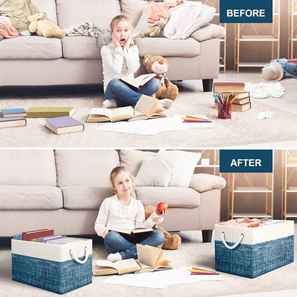 Fab totes Storage Bins [4-Pack], Foldable Storage Baskets for Organizing Toys, Books, Shelves, Closet, Large Storage Box with Rope Handles, Sturdy Organizer Bins, White & Blue