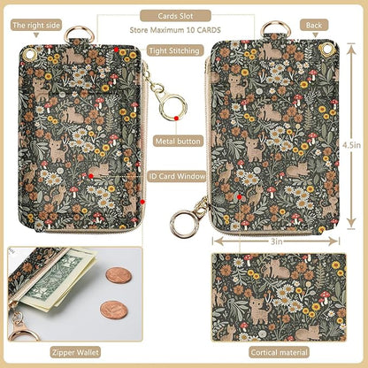 bolimoss Floral Cat Lanyard Wallet, Cute Sunflower Lanyards for ID Badge,ID Badge Holder with Breakaway Neck & Wristlet Lanyard, Pu Leather Zip Id Case Wallet for Women Woker Teacher Nurse