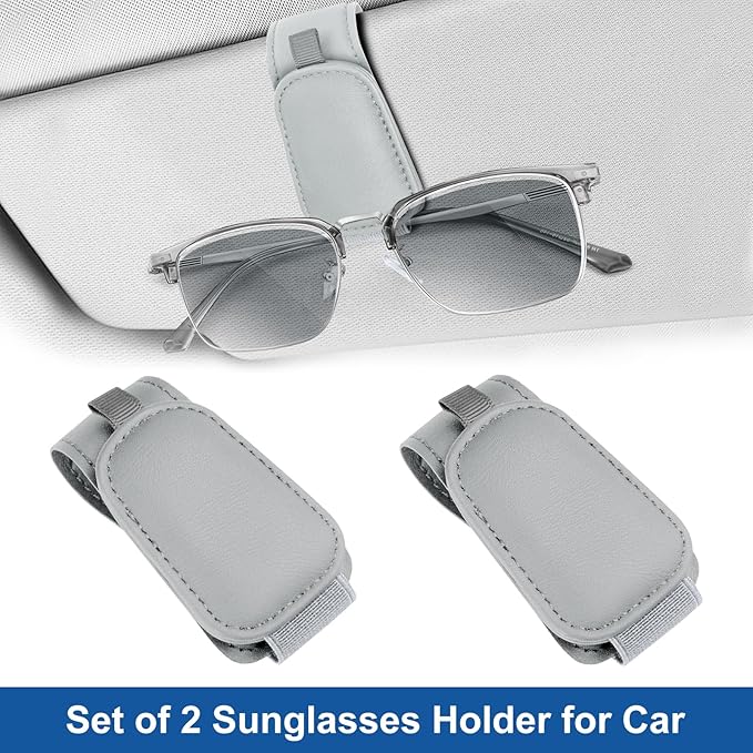 Teraves 2 Pack Sunglass Holder Clip for Car Visor, Upgrade Magnetic Leather Visor Sunglasses Clip, Easy to Hold Your Glasses Eyeglasses, Grey