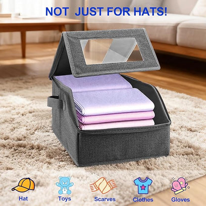 Hat Organizer for Baseball Caps,2PCS Stackable Hat Storage Box with Clear Window Lid, Space-Saving Box for Closet