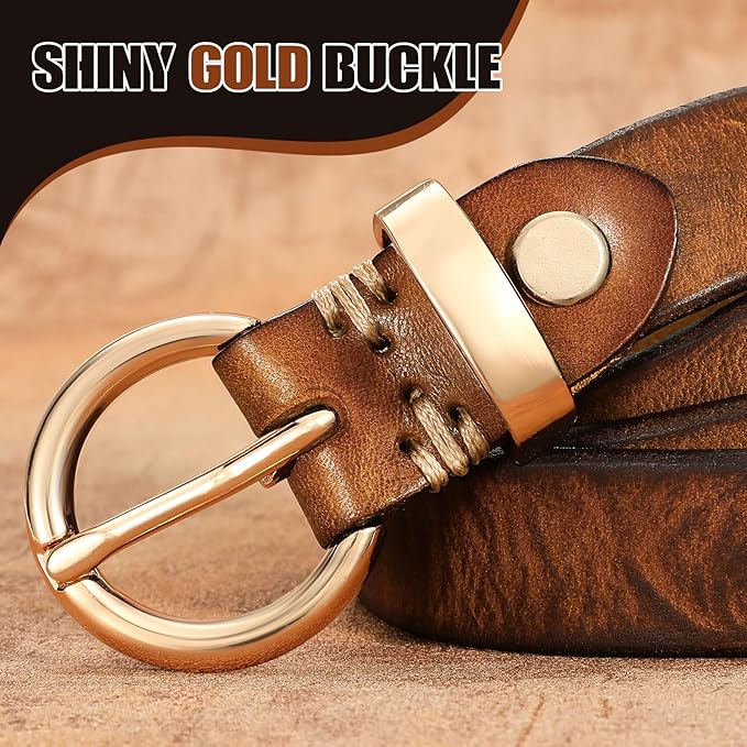 SANSTHS Womens Genuine Leather Belts for Jeans Pants Trendy Vintage Thin Leather Belt Gold Buckle Ladies Skinny Waist Belt