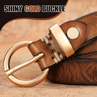SANSTHS Womens Genuine Leather Belts for Jeans Pants Trendy Vintage Thin Leather Belt Gold Buckle Ladies Skinny Waist Belt